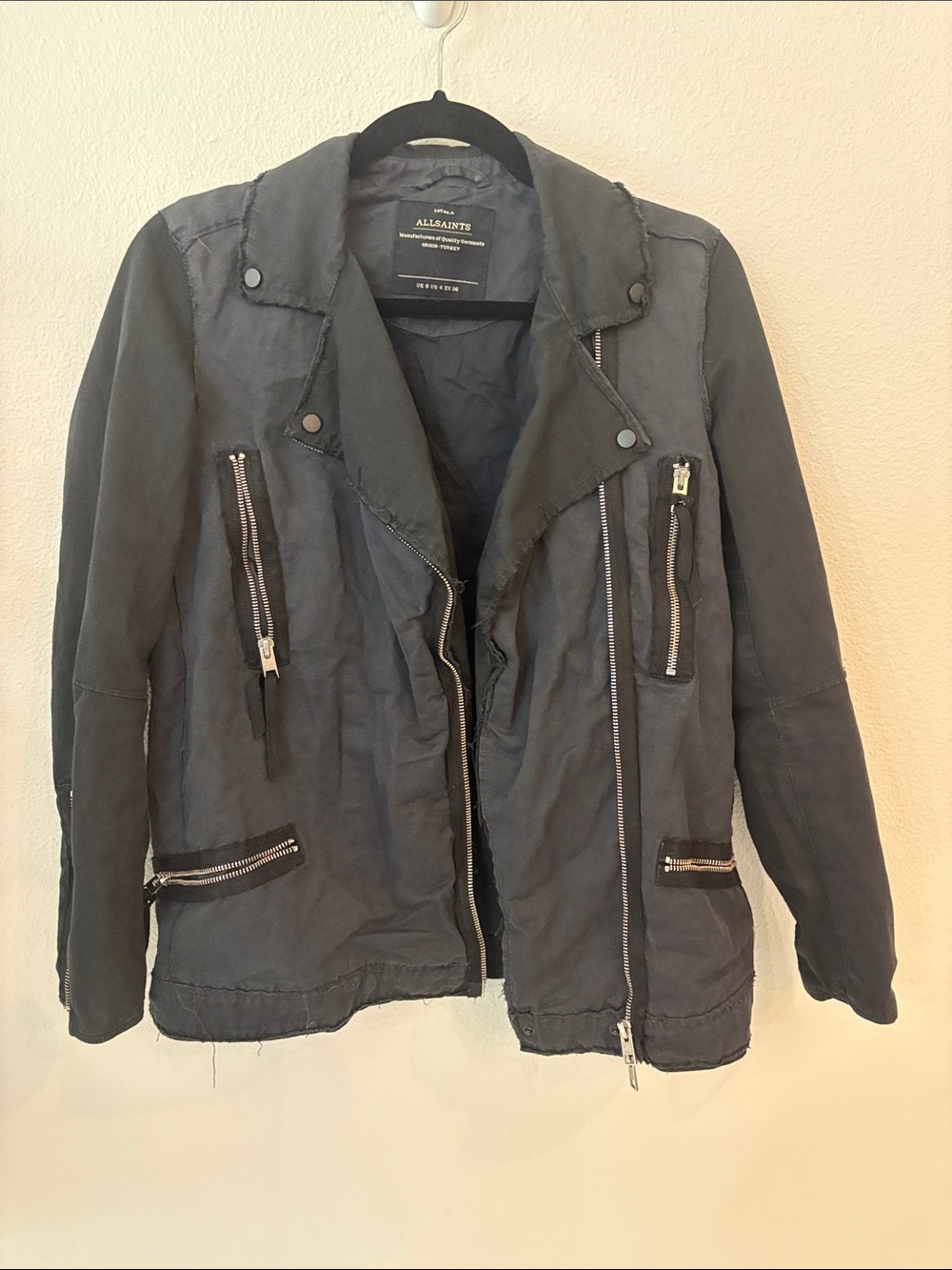 All Saints Womenโs Charcoal Zip-Front Bomber Jacket